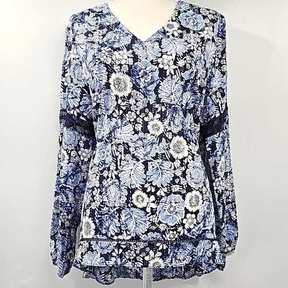 Jones NY Batik Floral Indigo Blue Tunic w Cutout Embroidered Detail - Picture 1 of 14